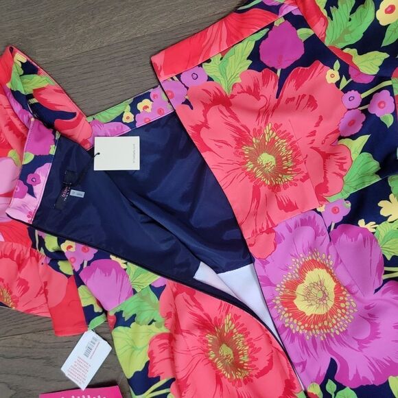 🆕️ Trina Turk Kanan Square Neck Ruffle Sleeve Shift Dress Red Pink Poppy Floral - Picture 9 of 12